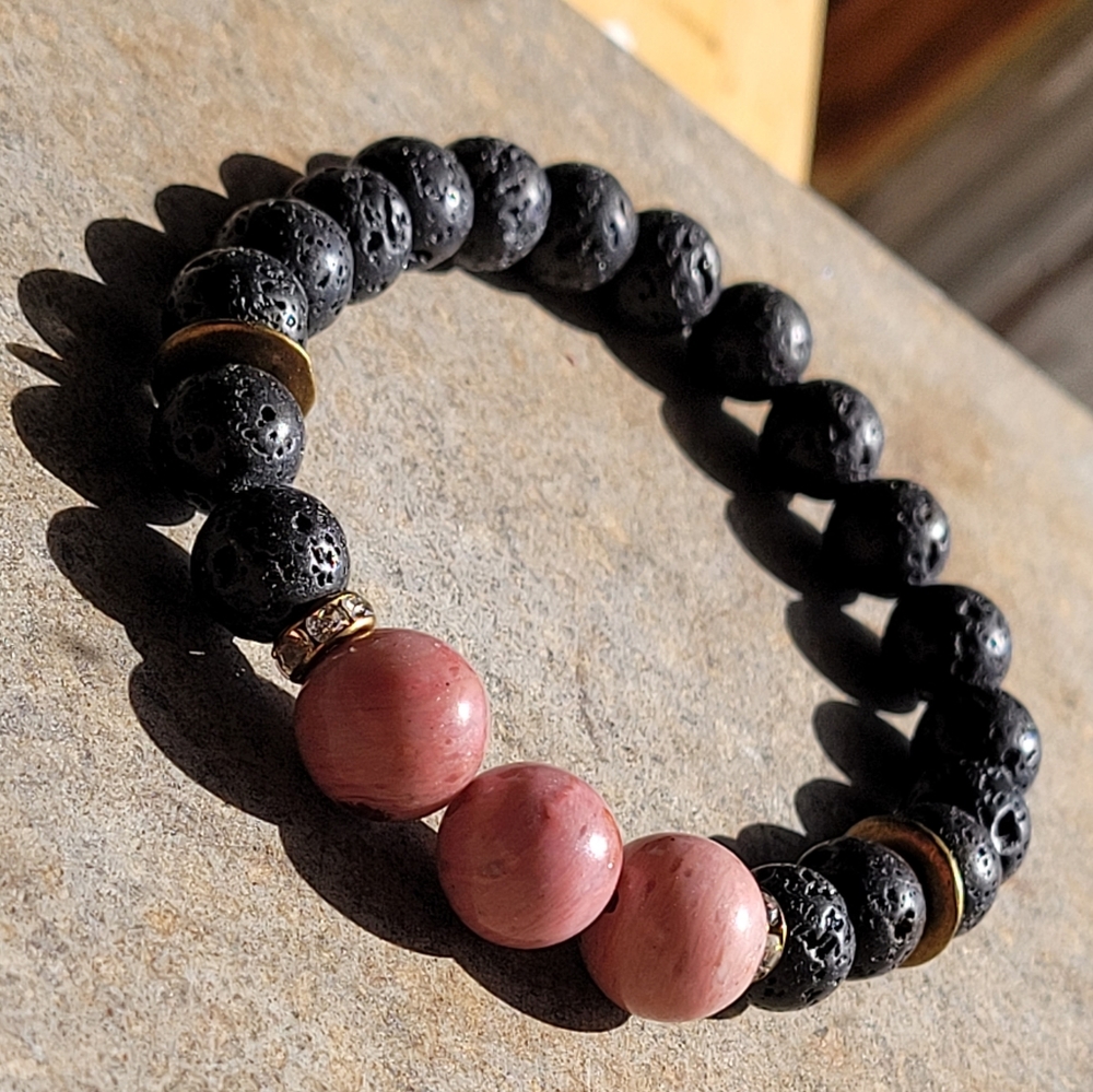 Rhodonite Lava Bead Genuine Stone Bracelet - Picture 3 of 4